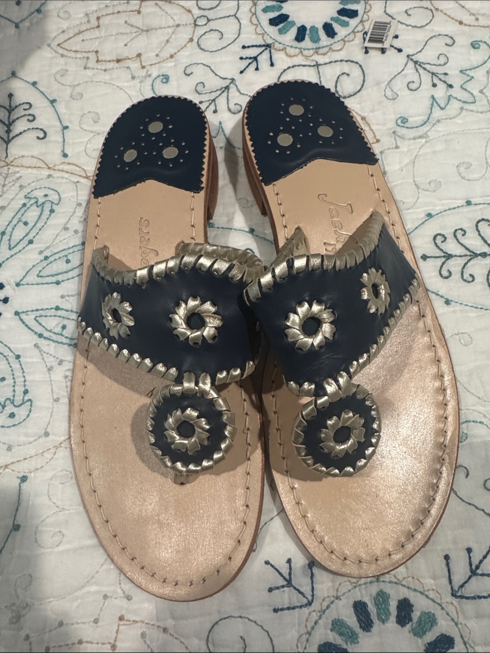 Jack Rogers Navy Leather Gladiator-Style Slide Sandals with Silver Trim